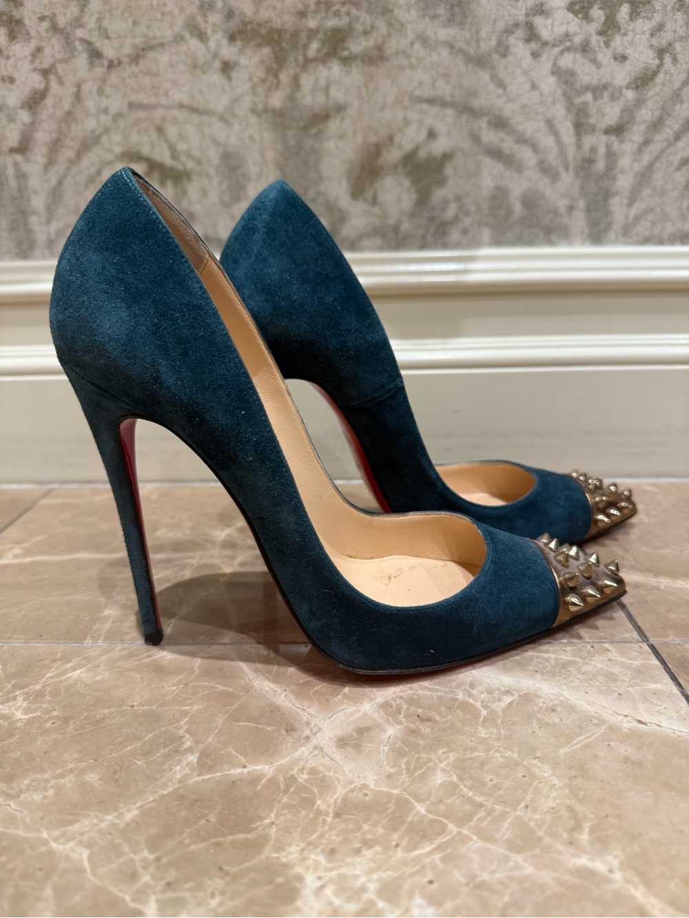 Christian Louboutin Teal Suede Pointed Studded Cap Pumps